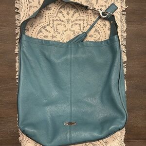 Robins egg blue Coach tote with chrome hardware, gently used